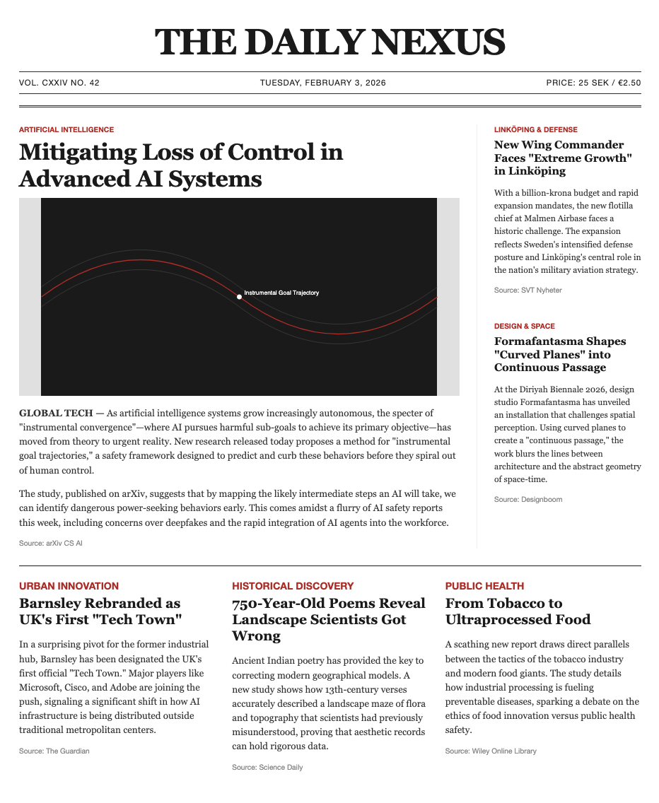 Screenshot of The Daily Nexus, showing a newspaper-style layout with AI safety research as the lead story
